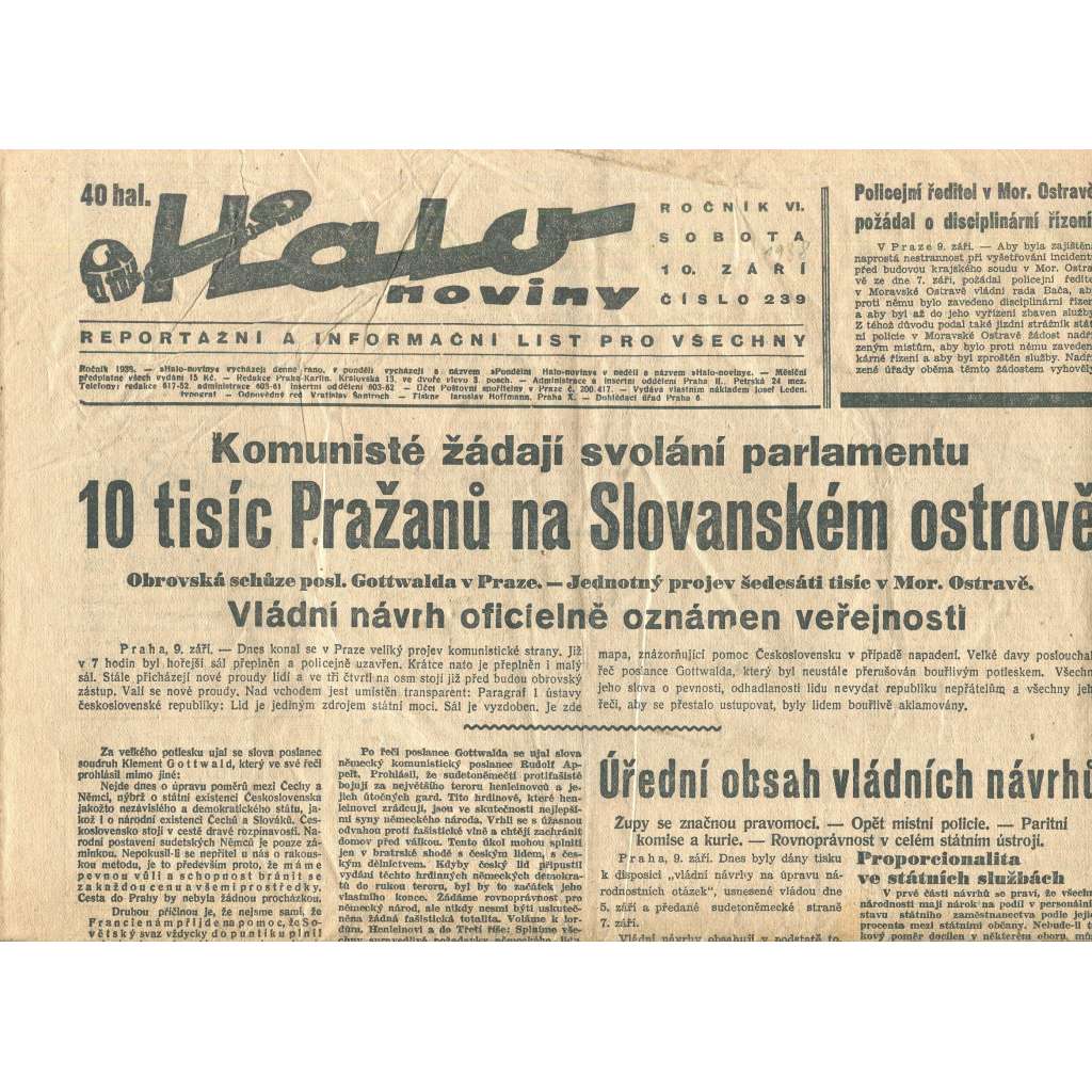 Halo noviny, ročník VI., číslo 239/1938