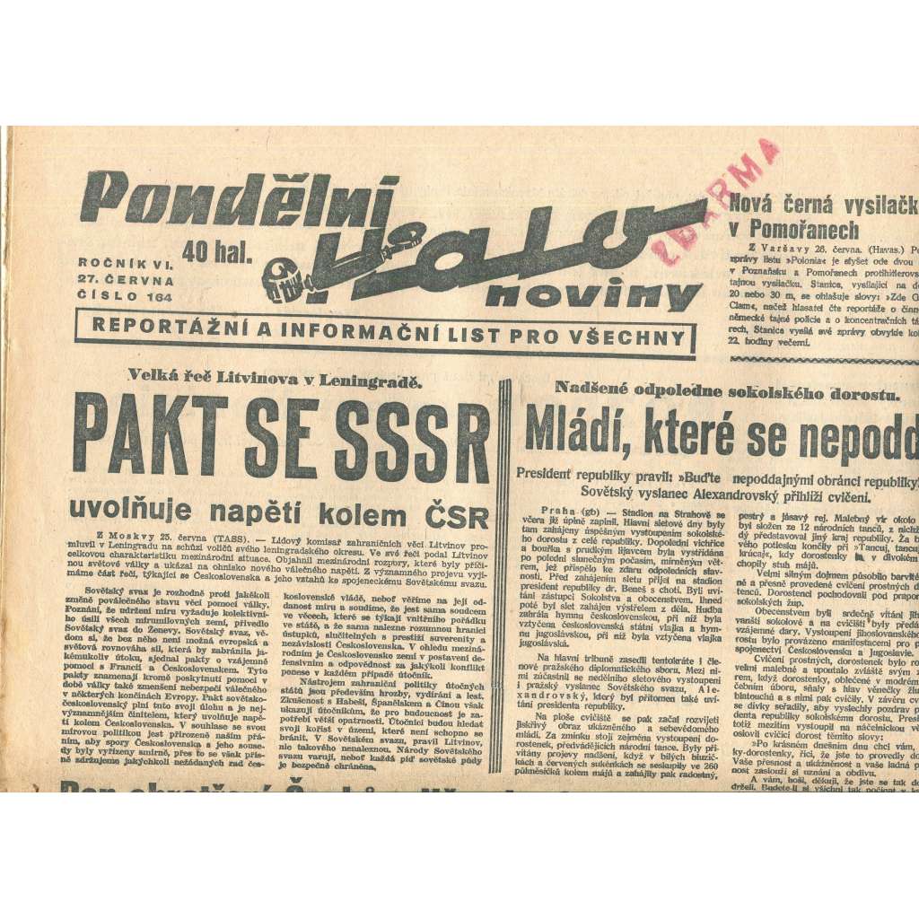 Halo noviny, ročník VI., číslo 164/1938
