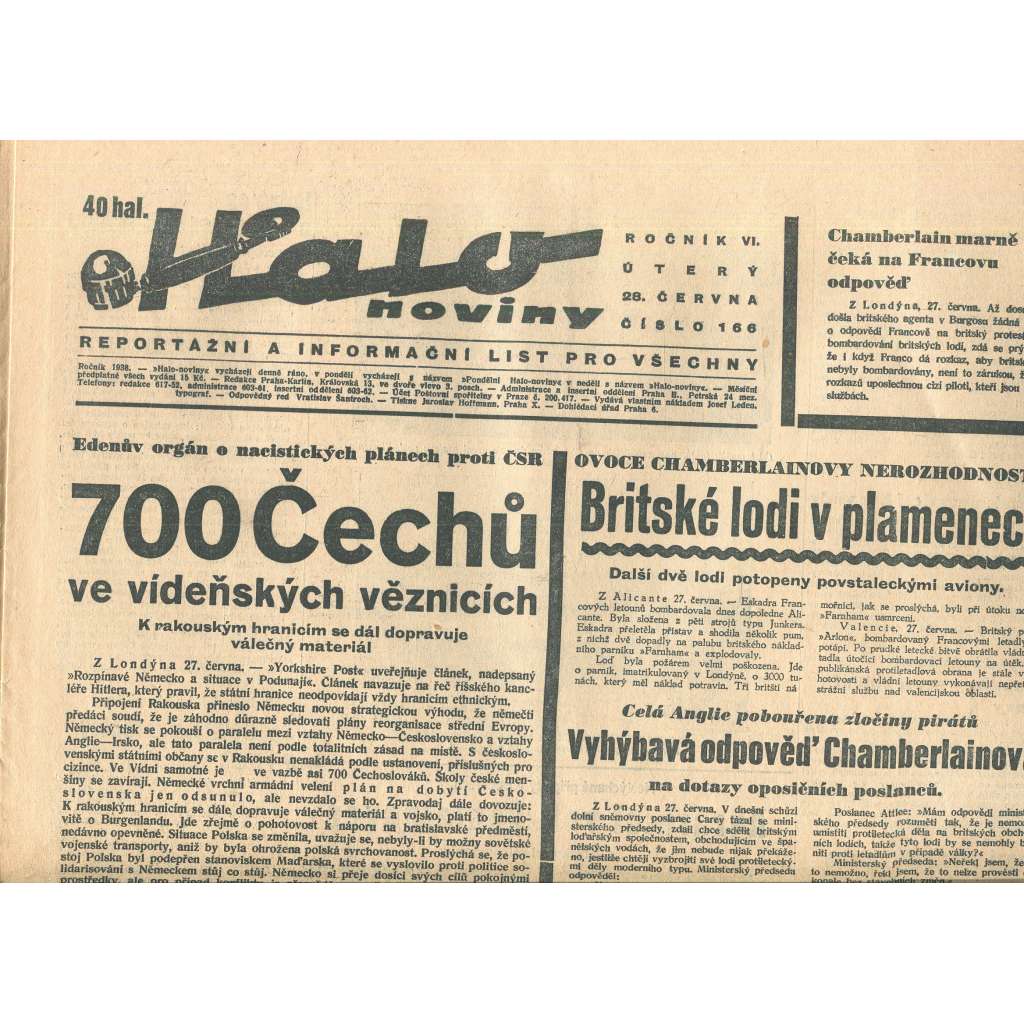 Halo noviny, ročník VI., číslo 166/1938