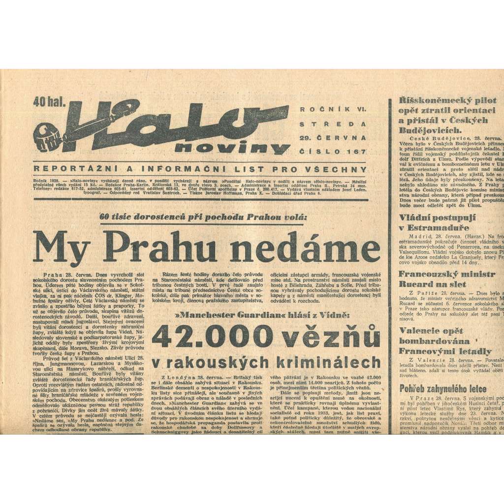 Halo noviny, ročník VI., číslo 167/1938
