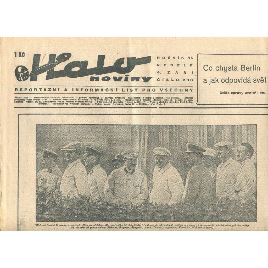Halo noviny, ročník VI., číslo 233/1938