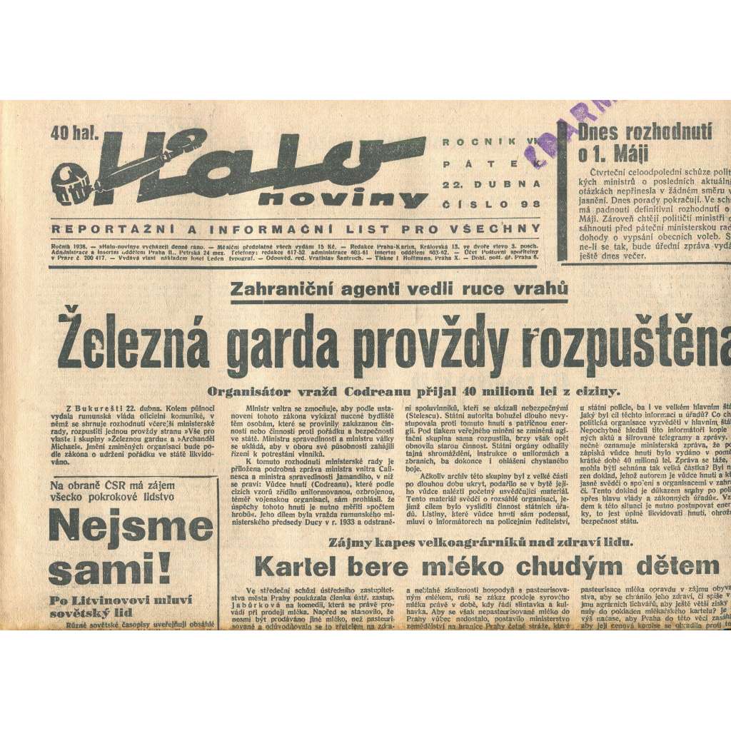 Halo noviny, ročník VI., číslo 98/1938 Halo noviny, ročník VI., číslo 98/1938