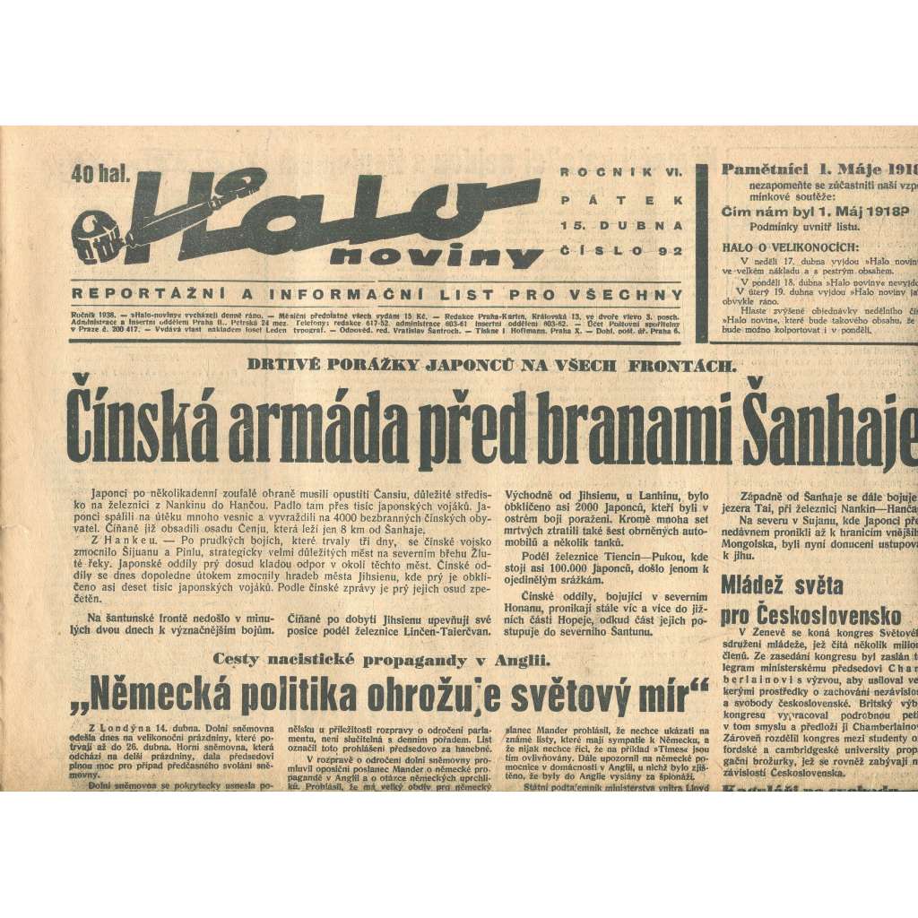 Halo noviny, ročník VI., číslo 92/1938 Halo noviny, ročník VI., číslo 92/1938