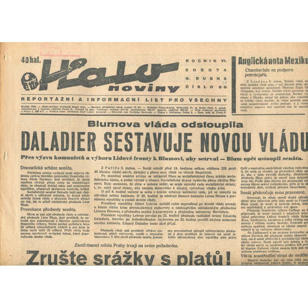 Halo noviny, ročník VI., číslo 86/1938 Halo noviny, ročník VI., číslo 86/1938