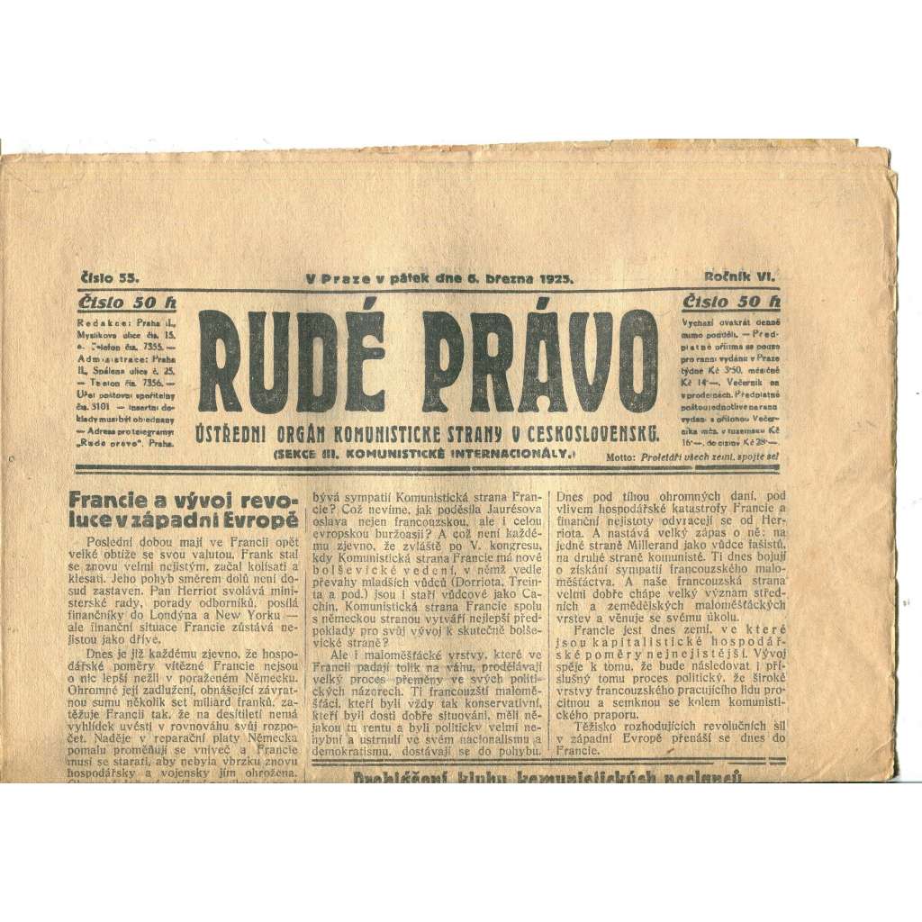 Rudé právo, ročník VI., číslo 55/1925 (1. republika, staré noviny) - 6.3.1925