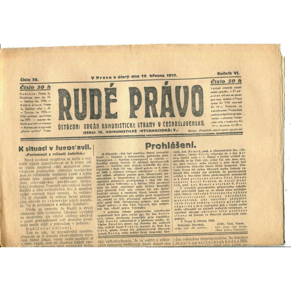 Rudé právo, ročník VI., číslo 58/1925 (1. republika, staré noviny) - 10.3.1925