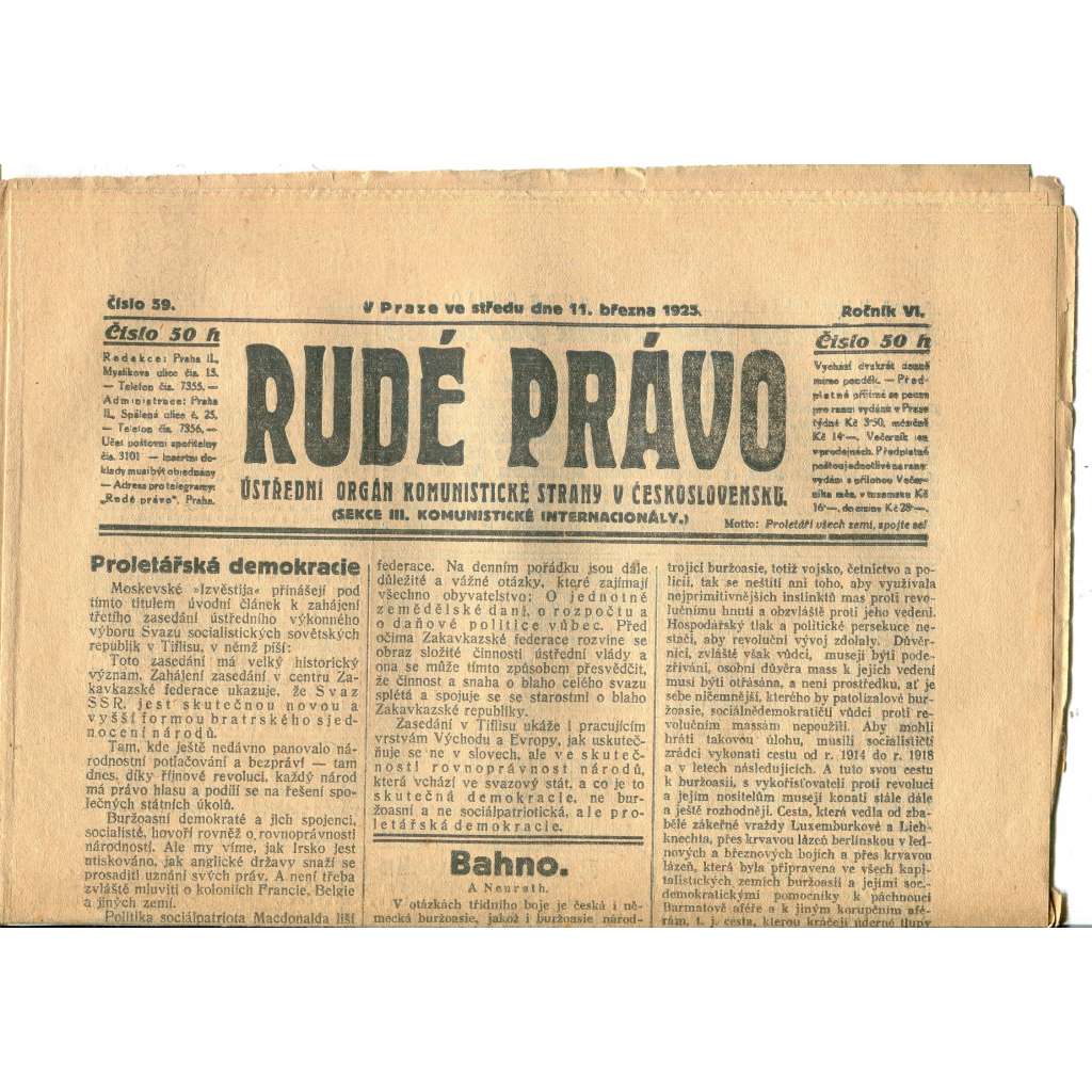 Rudé právo, ročník VI., číslo 59/1925 (1. republika, staré noviny) - 11.3.1925