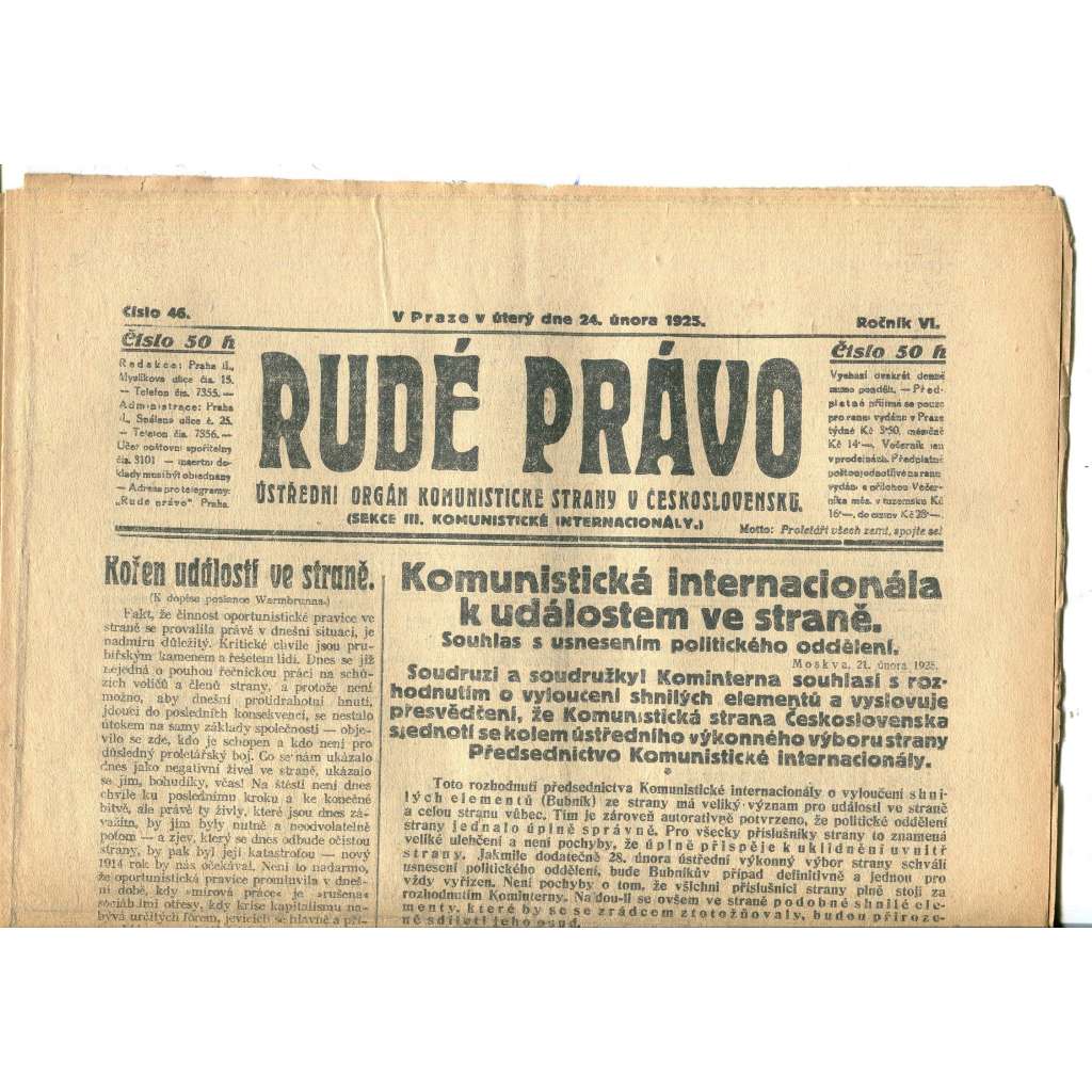 Rudé právo, ročník VI., číslo 46/1925 (1. republika, staré noviny) - 24.2.1925
