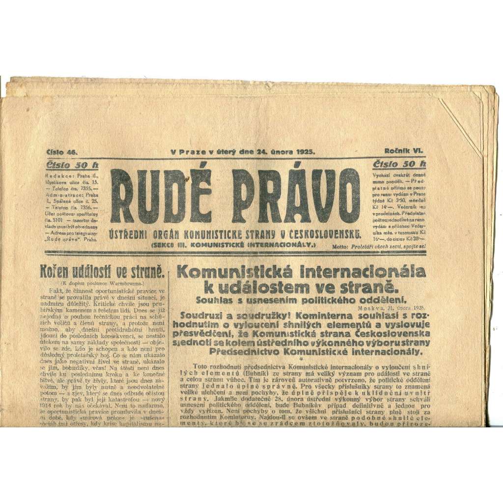 Rudé právo, ročník VI., číslo 46/1925 (1. republika, staré noviny) - 24.2.1925