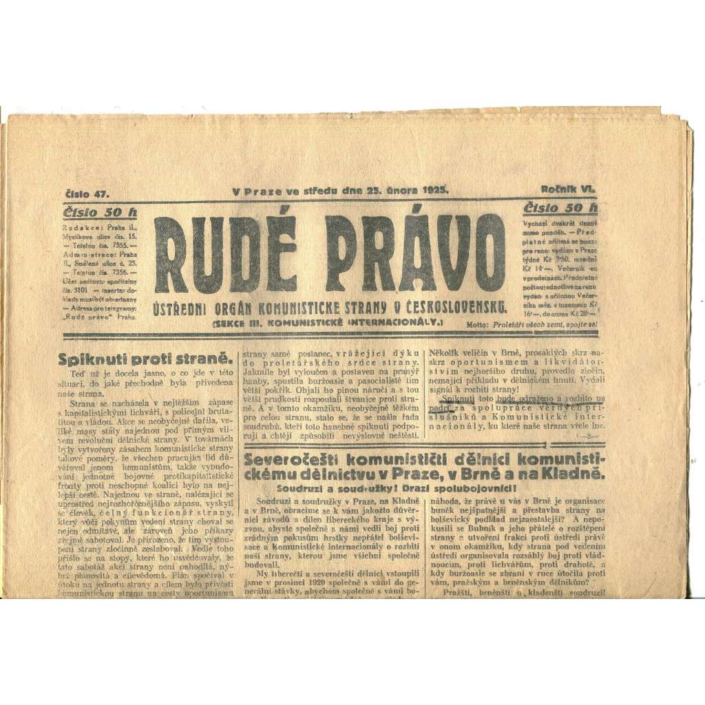 Rudé právo, ročník VI., číslo 47/1925 (1. republika, staré noviny) - 25.2.1925