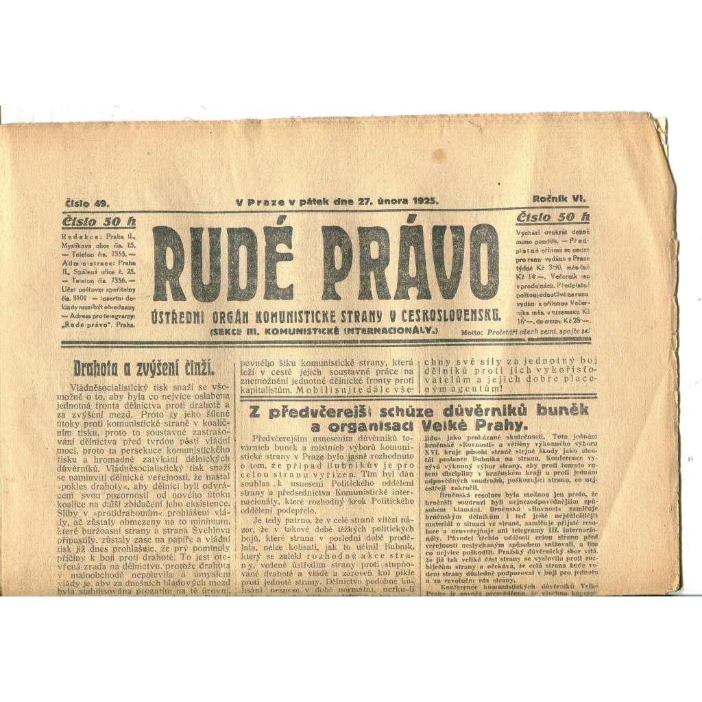 Rudé právo, ročník VI., číslo 49/1925 (1. republika, staré noviny) - 27.2.1925