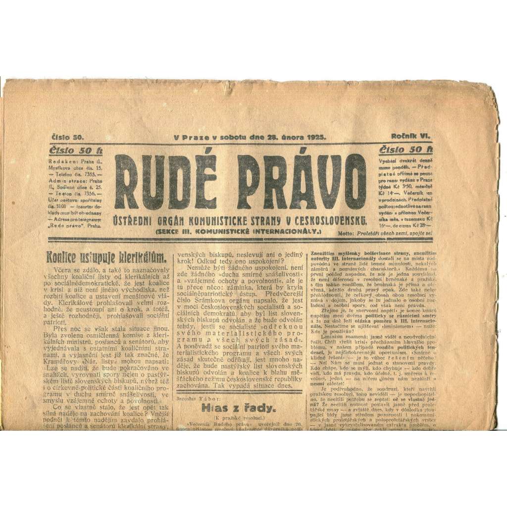 Rudé právo, ročník VI., číslo 50/1925 (1. republika, staré noviny) - 28.2.1925