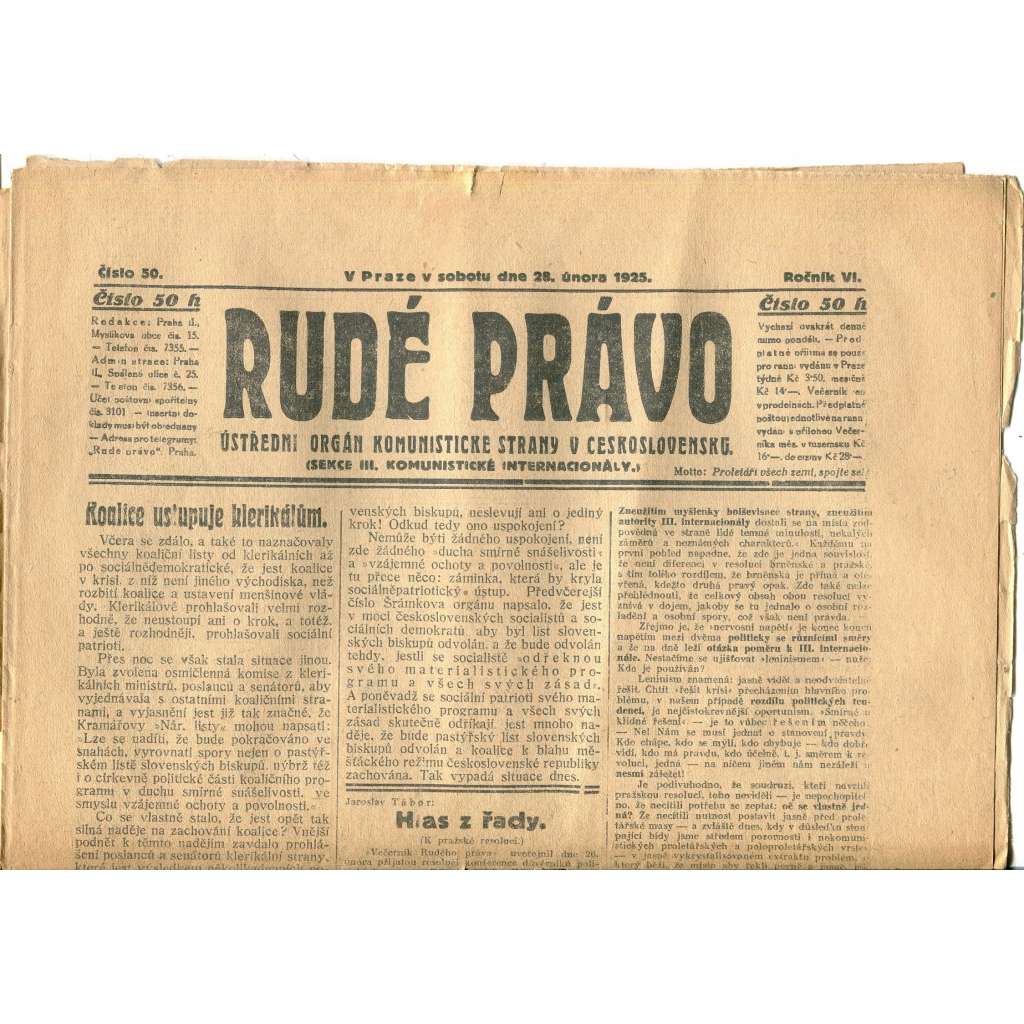 Rudé právo, ročník VI., číslo 50/1925 (1. republika, staré noviny) - 28.2.1925