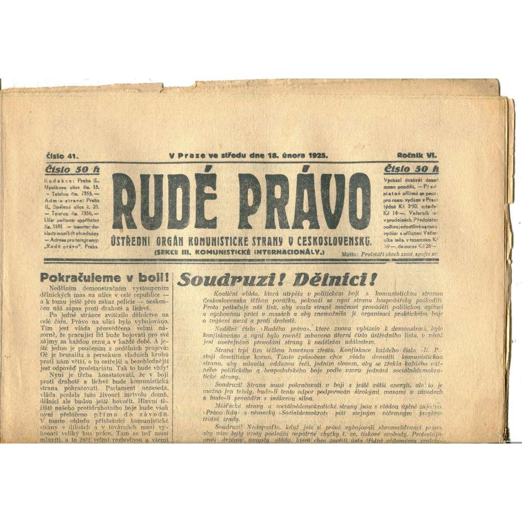 Rudé právo, ročník VI., číslo 41/1925 (1. republika, staré noviny) - 18.2.1925