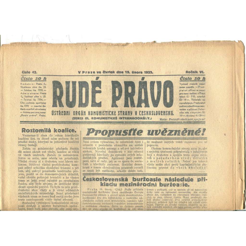 Rudé právo, ročník VI., číslo 42/1925 (1. republika, staré noviny) - 19.2.1925