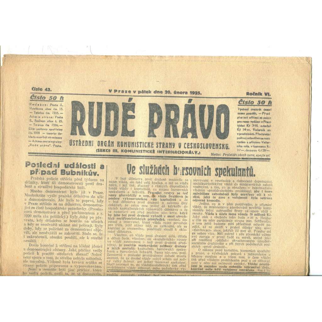 Rudé právo, ročník VI., číslo 43/1925 (1. republika, staré noviny) - 20.2.1925