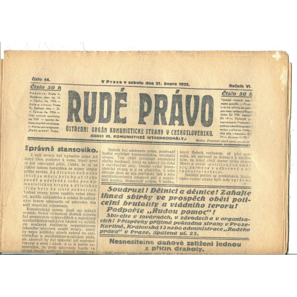 Rudé právo, ročník VI., číslo 44/1925 (1. republika, staré noviny) - 21.2.1925
