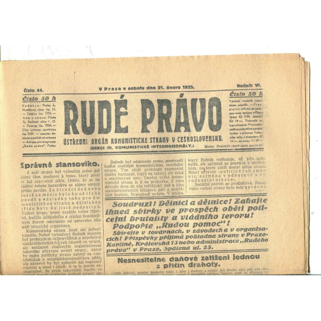 Rudé právo, ročník VI., číslo 44/1925 (1. republika, staré noviny) - 21.2.1925