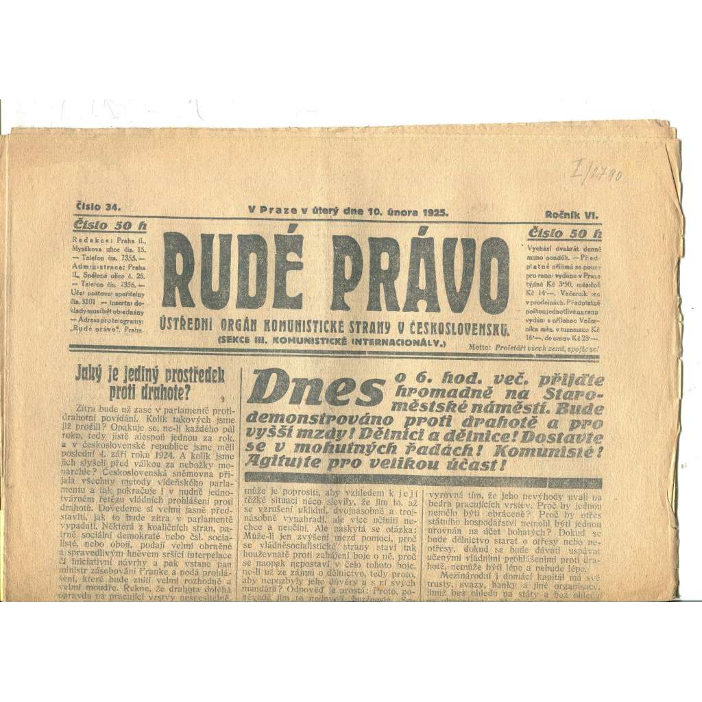 Rudé právo, ročník VI., číslo 34/1925 (1. republika, staré noviny) - 10.2.1925