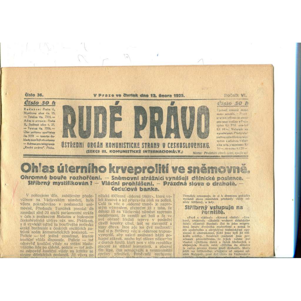 Rudé právo, ročník VI., číslo 36/1925 (1. republika, staré noviny) - 12.2.1925