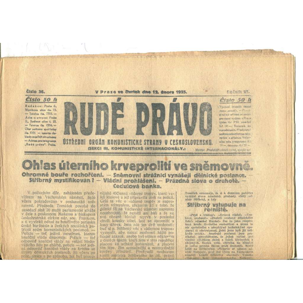 Rudé právo, ročník VI., číslo 36/1925 (1. republika, staré noviny) - 12.2.1925