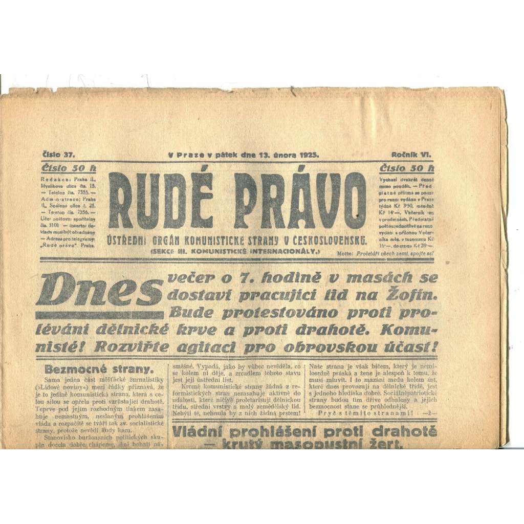 Rudé právo, ročník VI., číslo 37/1925 (1. republika, staré noviny) - 13.2.1925