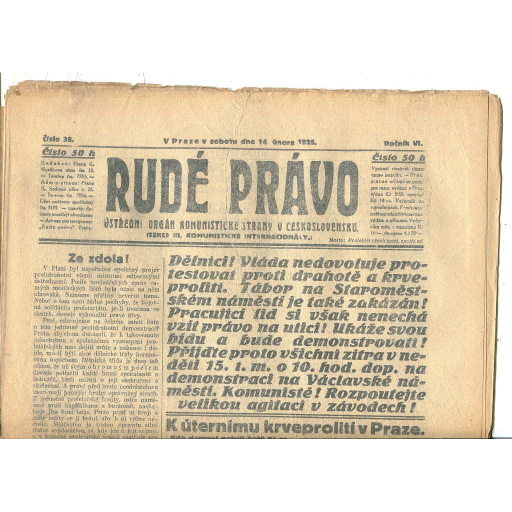 Rudé právo, ročník VI., číslo 38/1925 (1. republika, staré noviny) - 14.2.1925