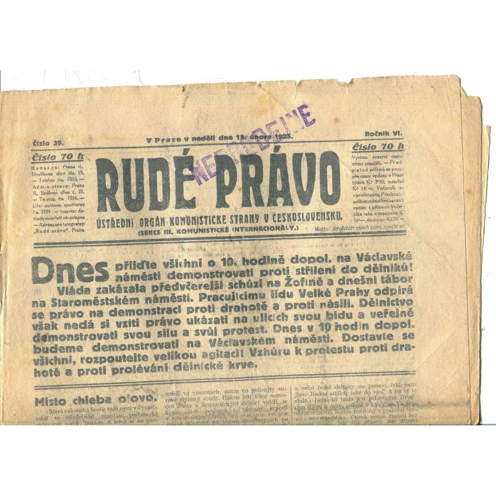 Rudé právo, ročník VI., číslo 39/1925 (1. republika, staré noviny) - 15.2.1925