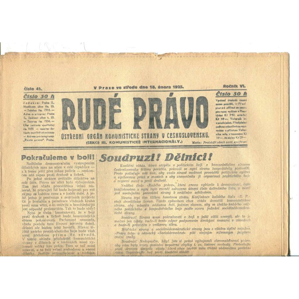 Rudé právo, ročník VI., číslo 41/1925 (1. republika, staré noviny) - 18.2.1925