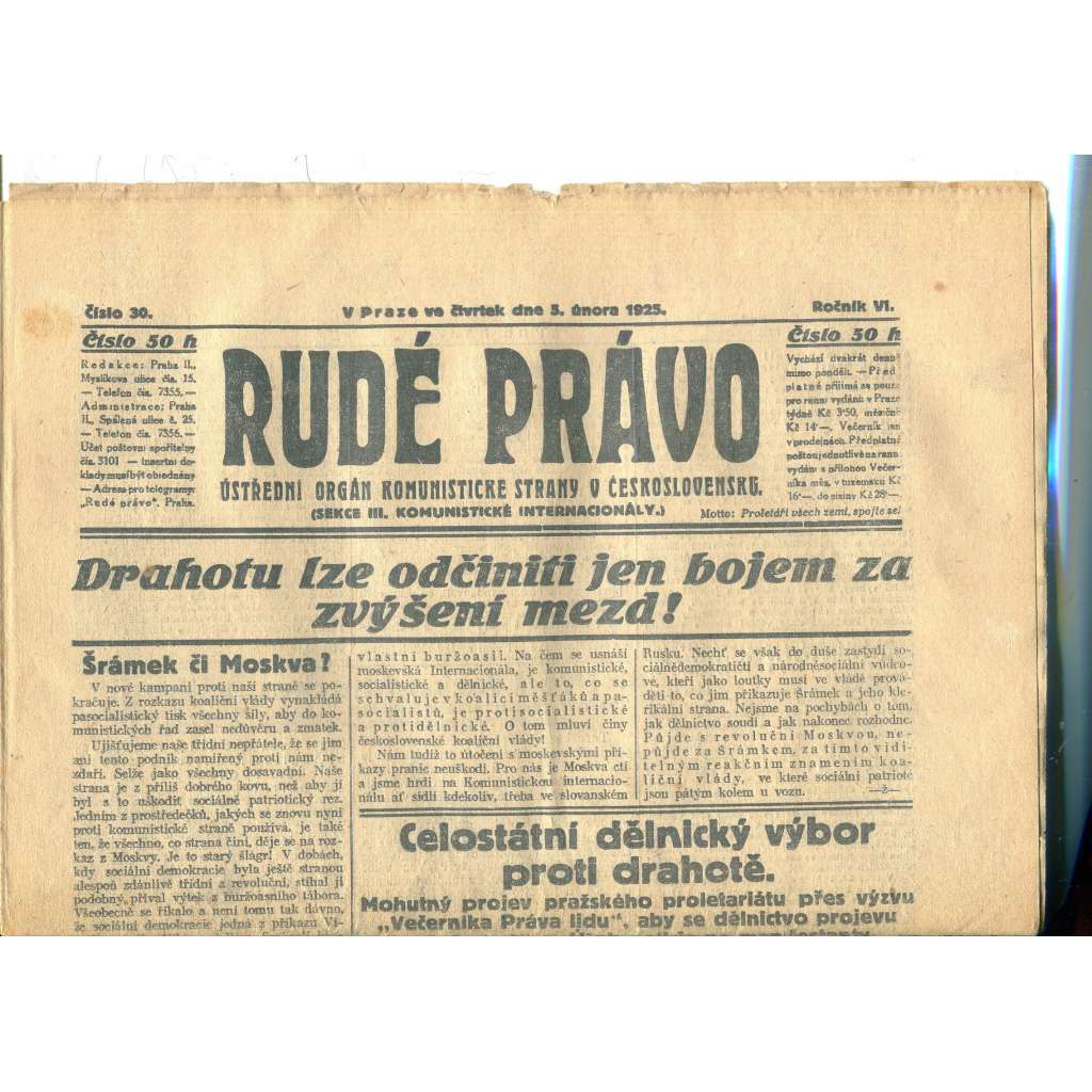 Rudé právo, ročník VI., číslo 30/1925 (1. republika, staré noviny) - 5.2.1925