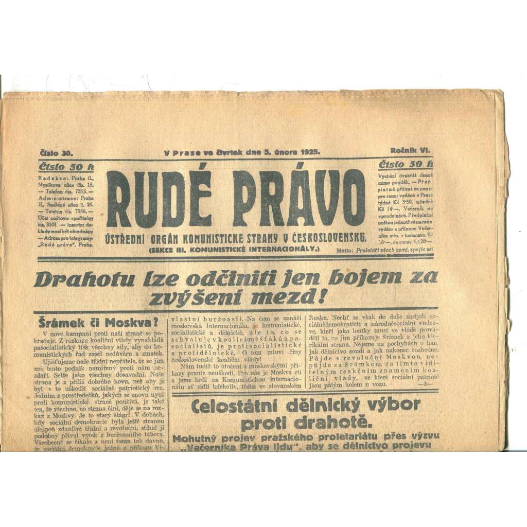 Rudé právo, ročník VI., číslo 30/1925 (1. republika, staré noviny) - 5.2.1925