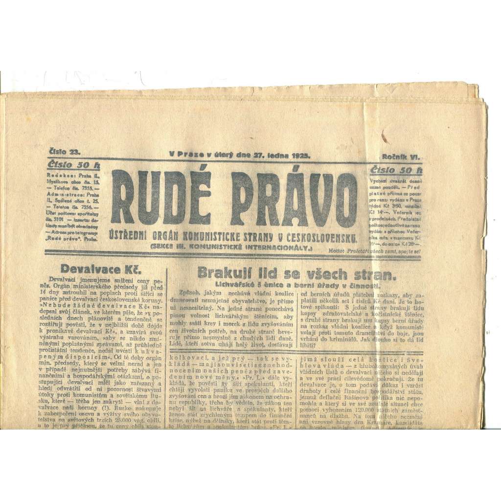 Rudé právo, ročník VI., číslo 23/1925 (1. republika, staré noviny) - 27.1.1925