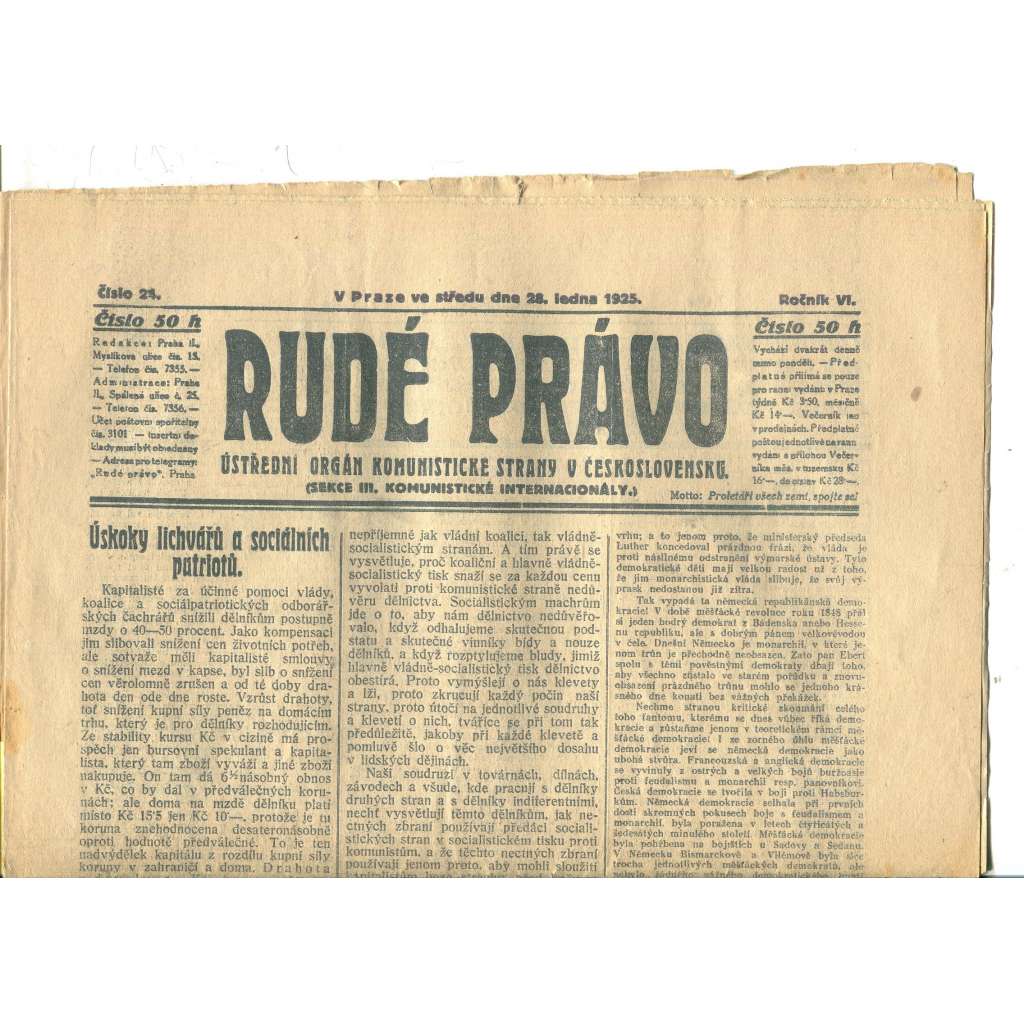 Rudé právo, ročník VI., číslo 24/1925 (1. republika, staré noviny) - 28.1.1925