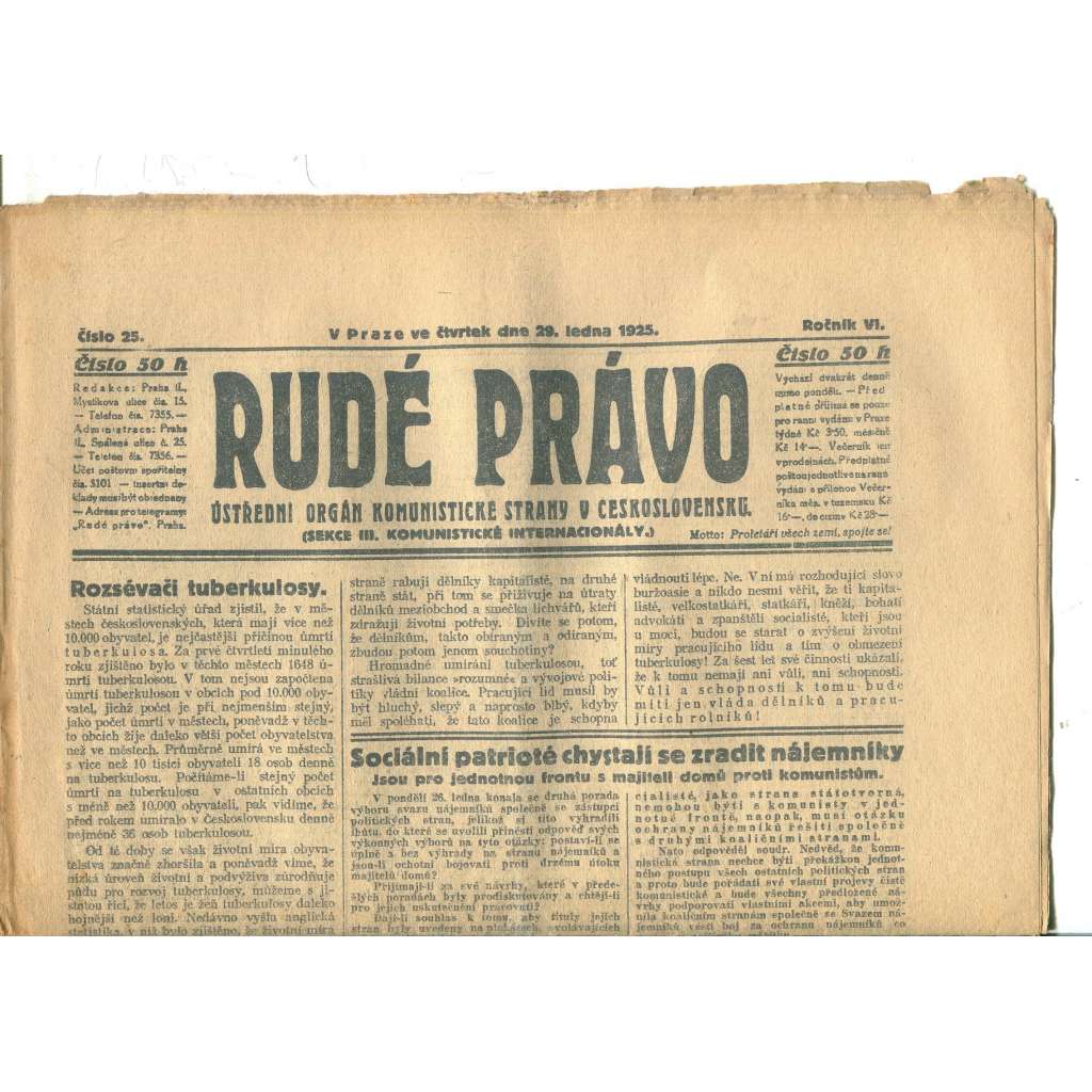Rudé právo, ročník VI., číslo 25/1925 (1. republika, staré noviny) - 29.1.1925
