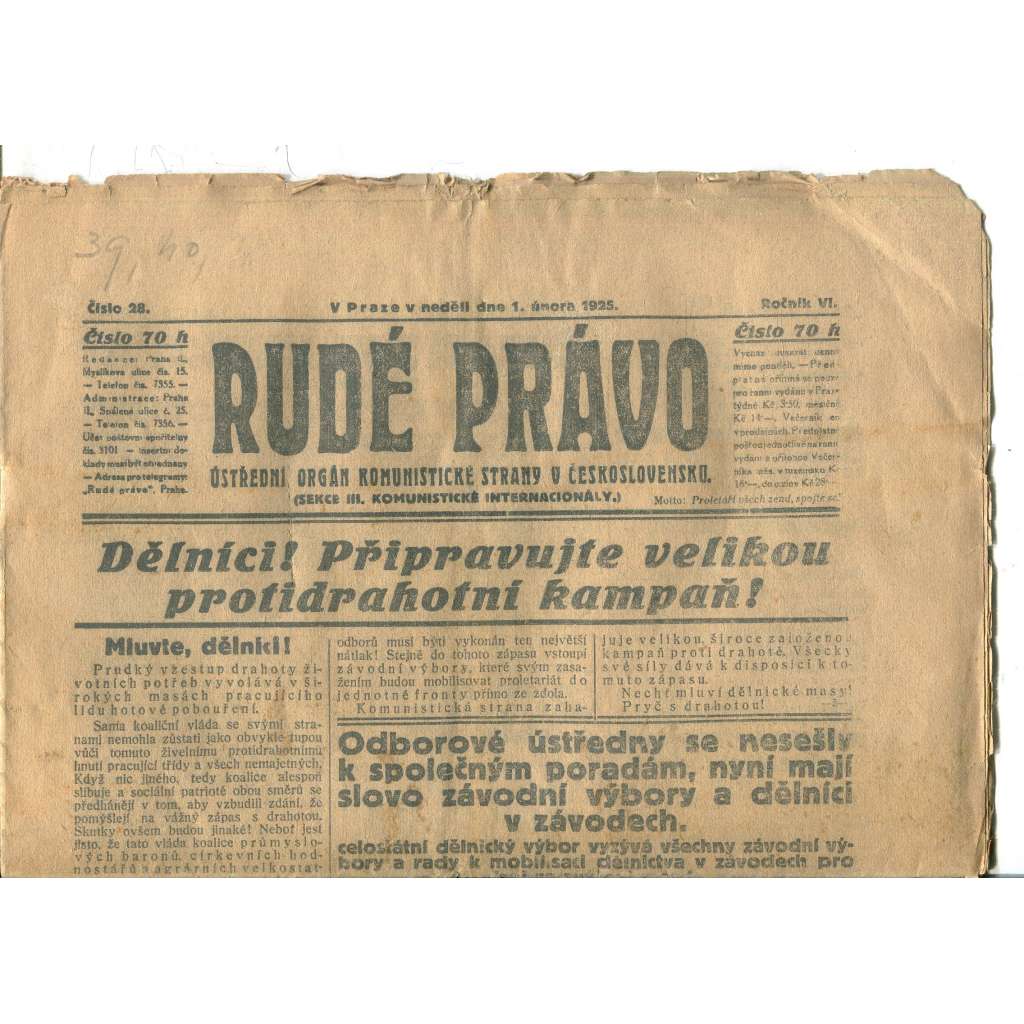 Rudé právo, ročník VI., číslo 28/1925 (1. republika, staré noviny) - 1.2.1925