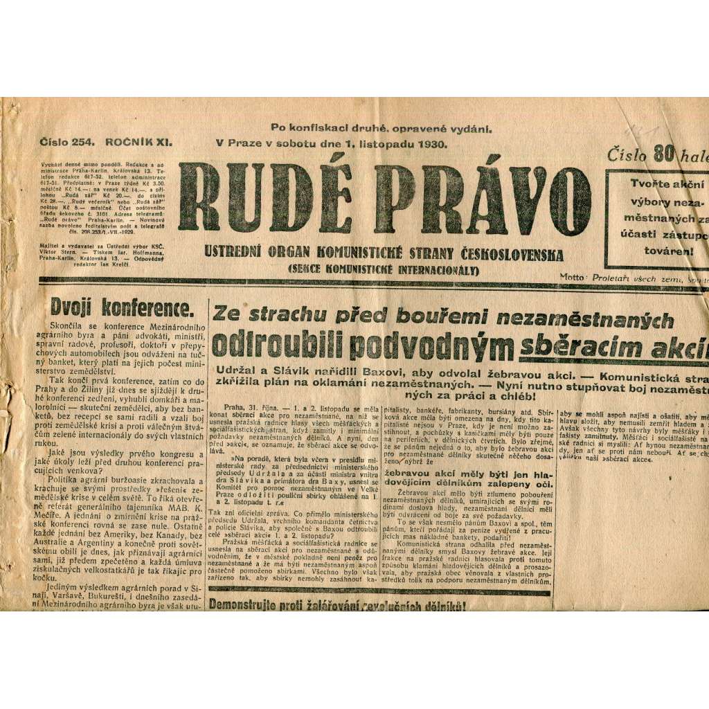 Rudé právo, ročník XI., číslo 254/1930 (1. republika, staré noviny) - 1.11.1930