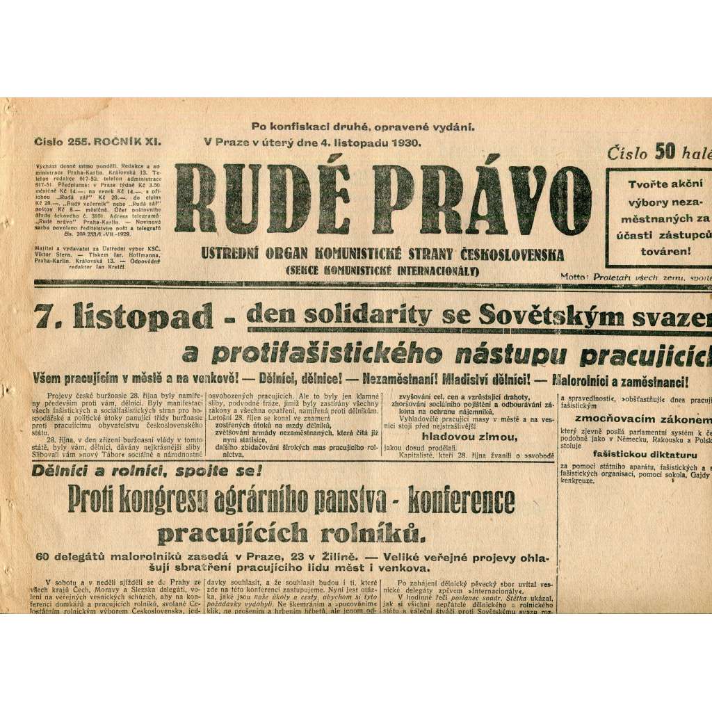 Rudé právo, ročník XI., číslo 255/1930 (1. republika, staré noviny) - 4.11.1930
