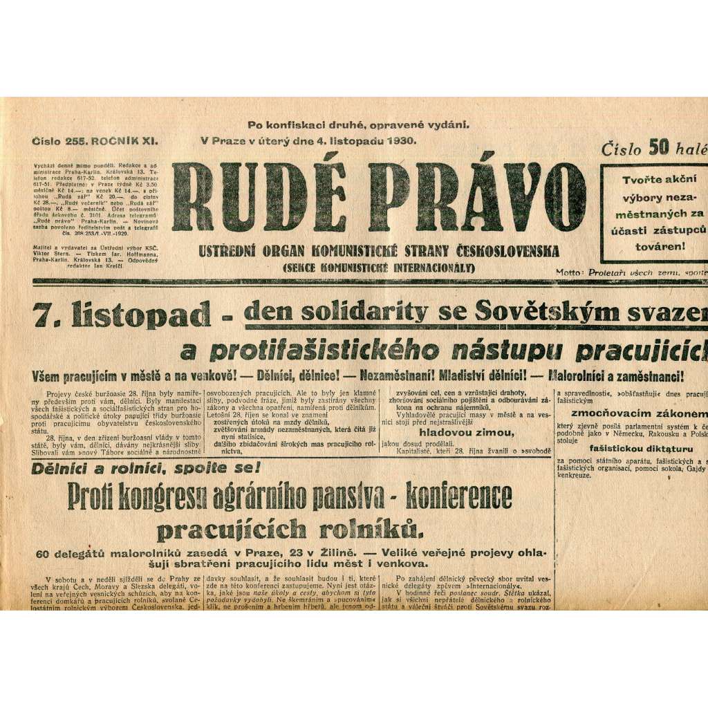 Rudé právo, ročník XI., číslo 255/1930 (1. republika, staré noviny) - 4.11.1930