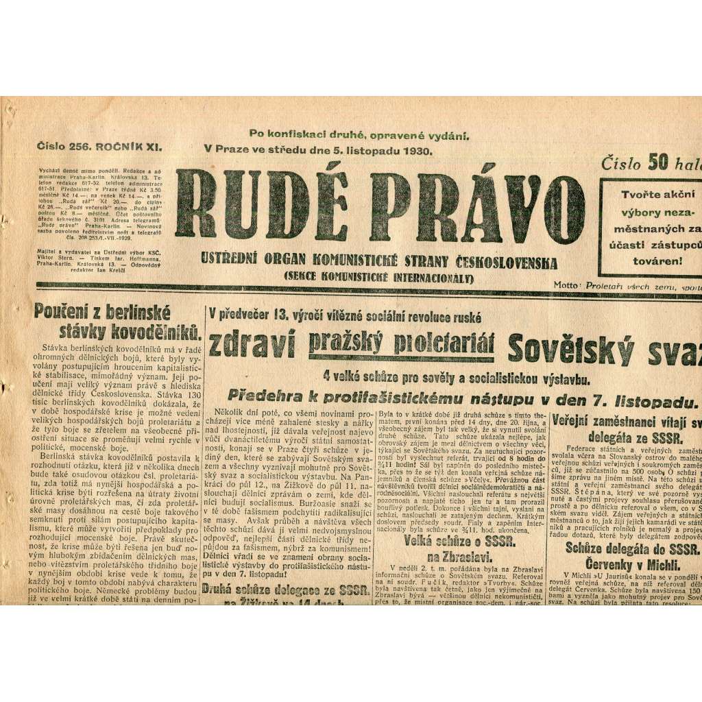 Rudé právo, ročník XI., číslo 256/1930 (1. republika, staré noviny) - 5.11.1930