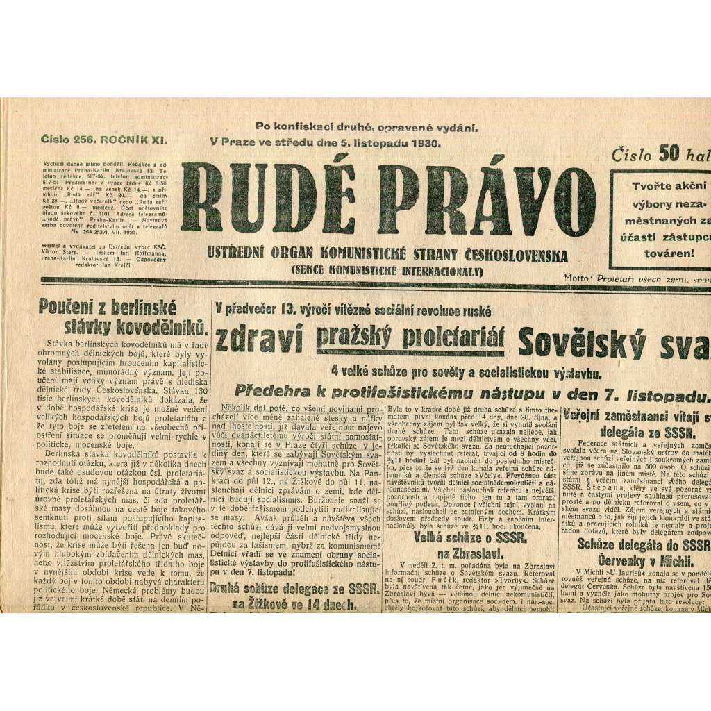 Rudé právo, ročník XI., číslo 256/1930 (1. republika, staré noviny) - 5.11.1930