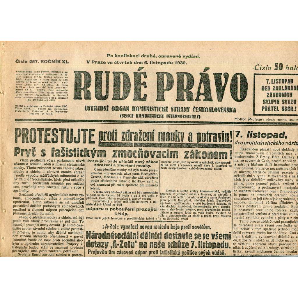 Rudé právo, ročník XI., číslo 257/1930 (1. republika, staré noviny) - 6.11.1930