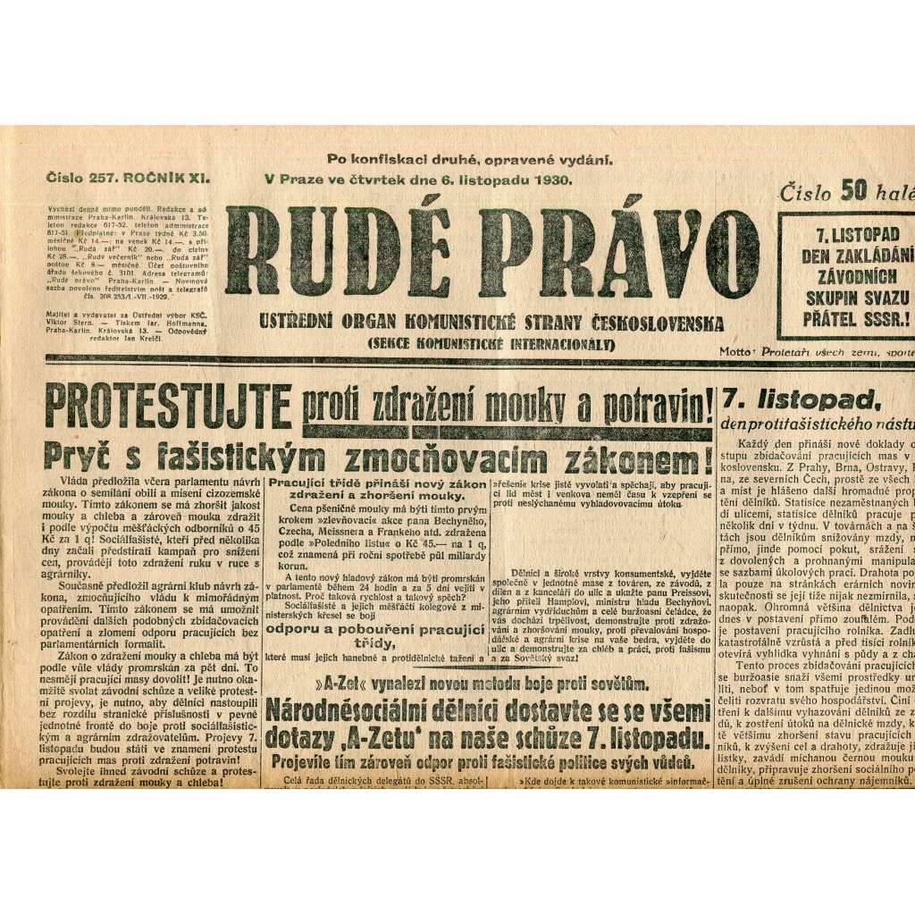 Rudé právo, ročník XI., číslo 257/1930 (1. republika, staré noviny) - 6.11.1930