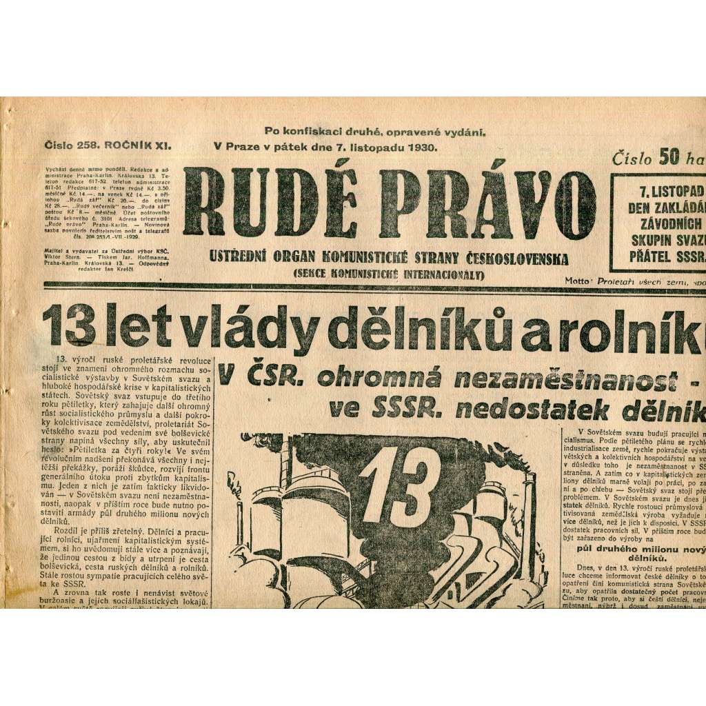 Rudé právo, ročník XI., číslo 258/1930 (1. republika, staré noviny) - 7.11.1930