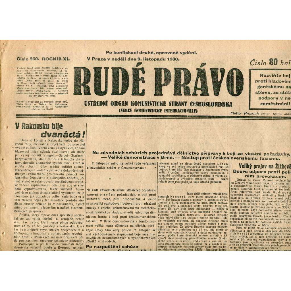 Rudé právo, ročník XI., číslo 260/1930 (1. republika, staré noviny) - 9.11.1930