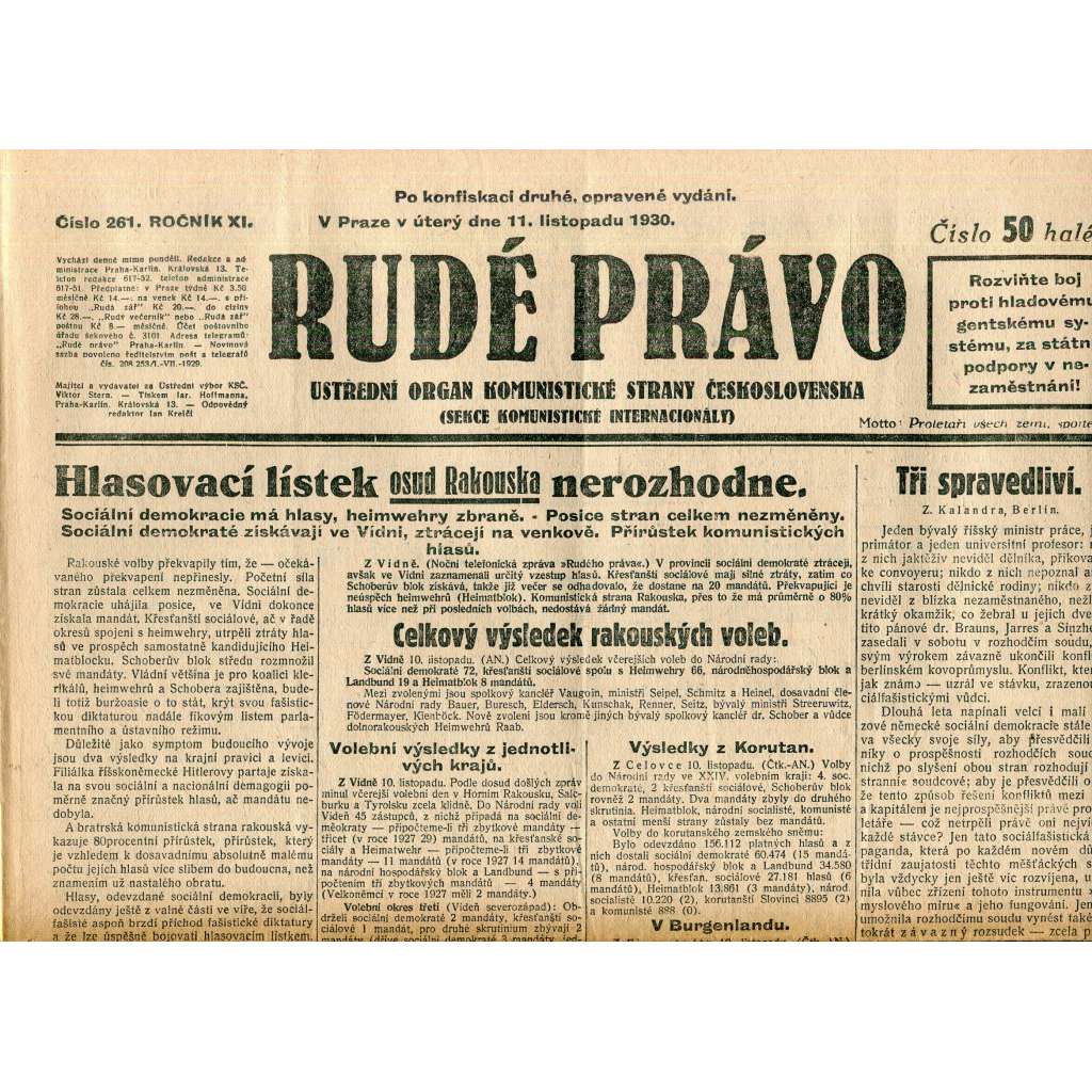 Rudé právo, ročník XI., číslo 261/1930 (1. republika, staré noviny) - 11.11.1930