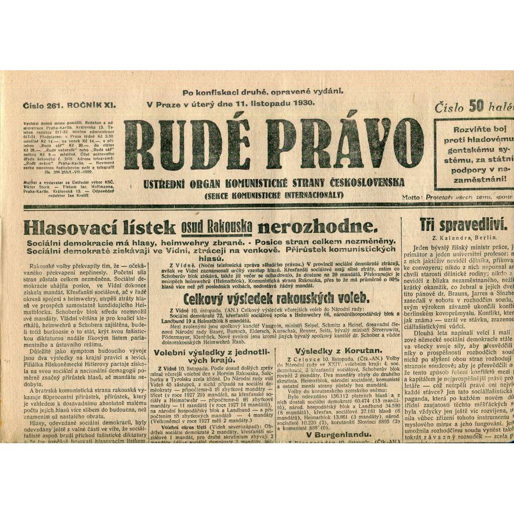 Rudé právo, ročník XI., číslo 261/1930 (1. republika, staré noviny) - 11.11.1930