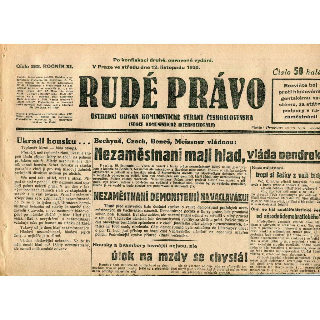 Rudé právo, ročník XI., číslo 262/1930 (1. republika, staré noviny) - 12.11.1930