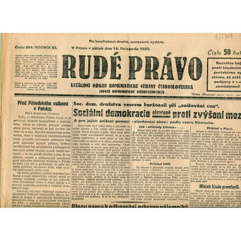 Rudé právo, ročník XI., číslo 264/1930 (1. republika, staré noviny) - 14.11.1930