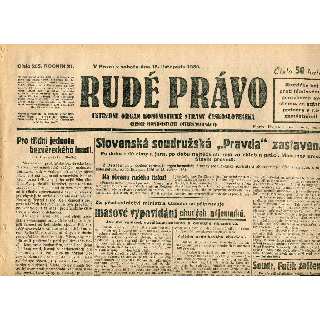 Rudé právo, ročník XI., číslo 265/1930 (1. republika, staré noviny) - 15.11.1930