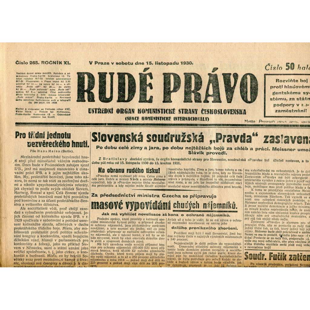 Rudé právo, ročník XI., číslo 265/1930 (1. republika, staré noviny) - 15.11.1930
